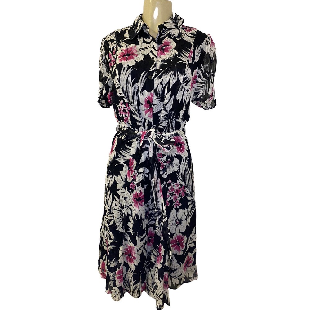 Liberte Ungaro Silk Shirt Dress Button Down Black Floral Short Sleeve Be…